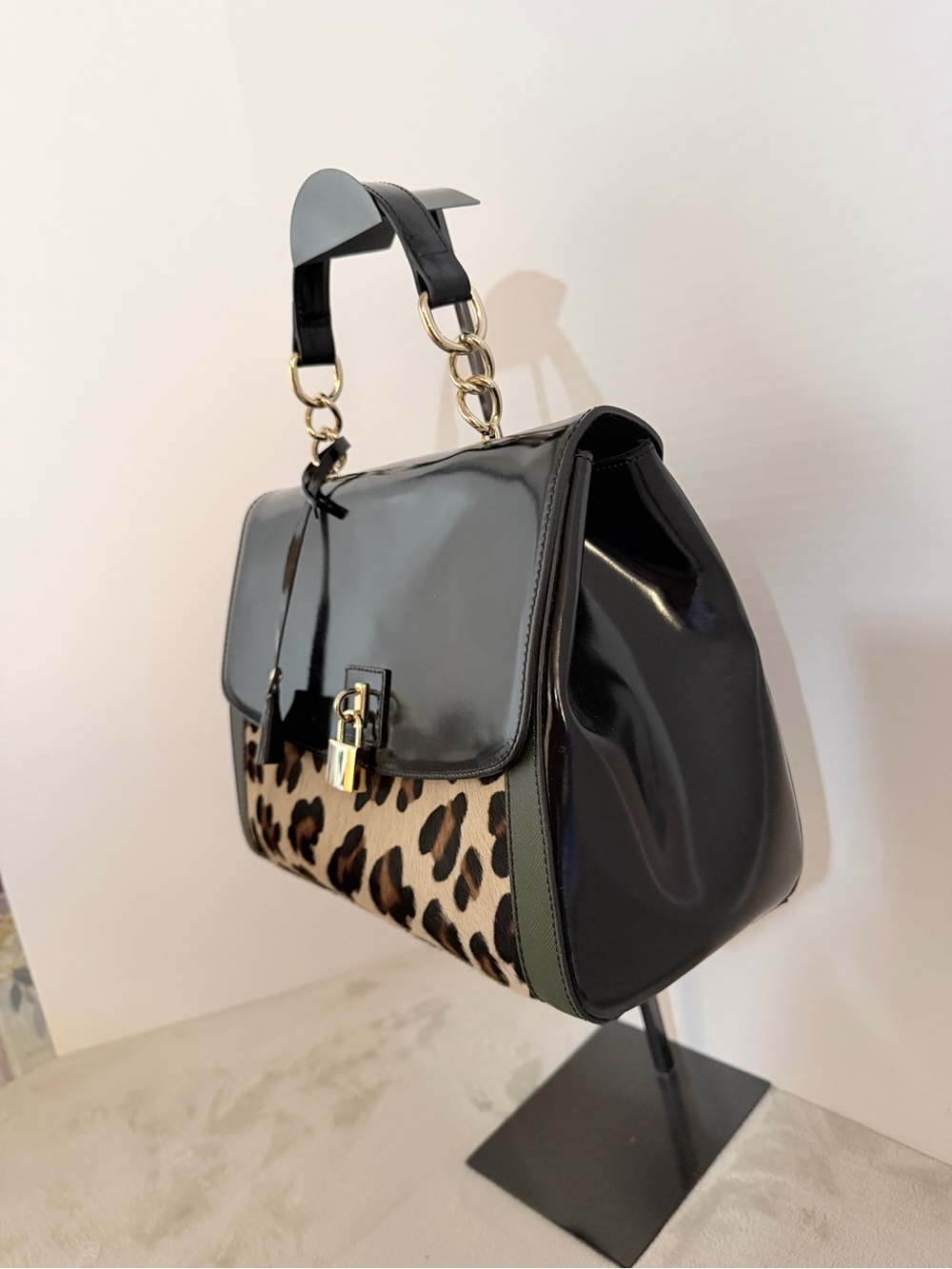 Black Leather and Leopard Accent Top-Handle Satchel - Picture 2 of 9